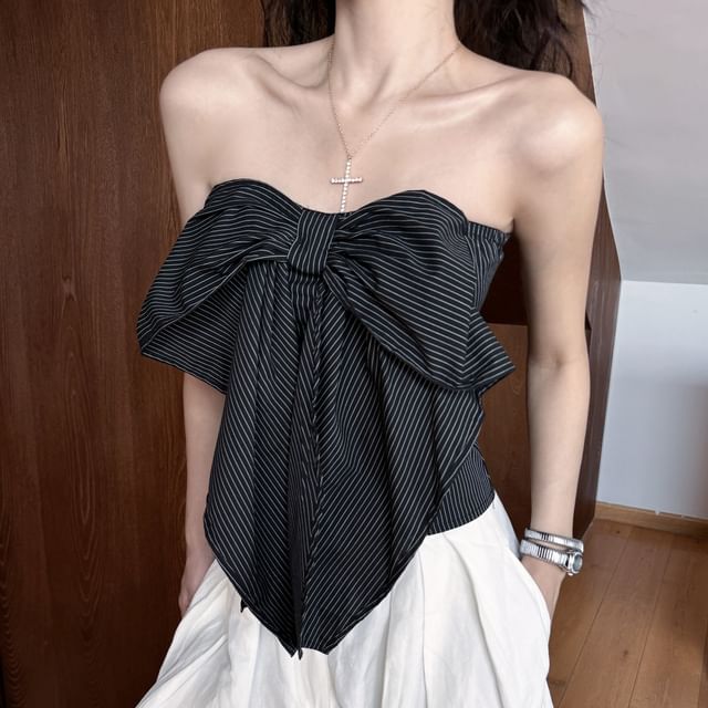 Striped Plain Crop Top Pants Leg High Waist Tube Bow / Accent Wide