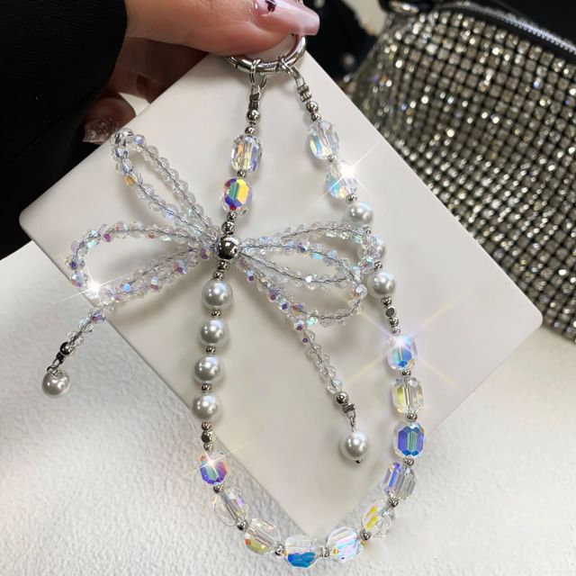 Phone Lanyard with Pad Faux Pearl Crystal Strap Bow