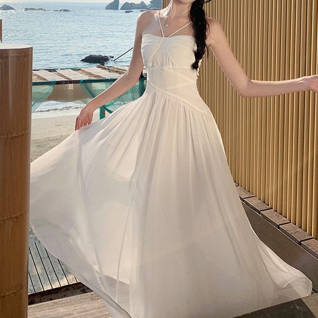 Maxi Strap A-Line Ruched Dress Spaghetti Plain