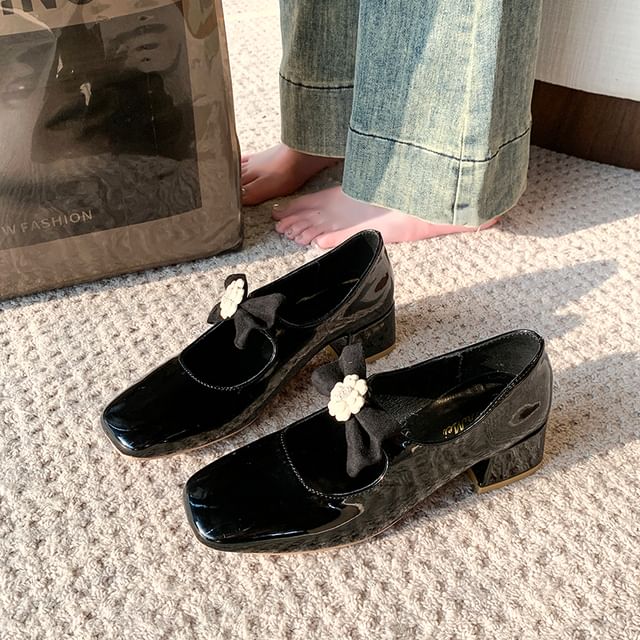 Flower Pumps Jane Bow Mary Toe Heel Square Block