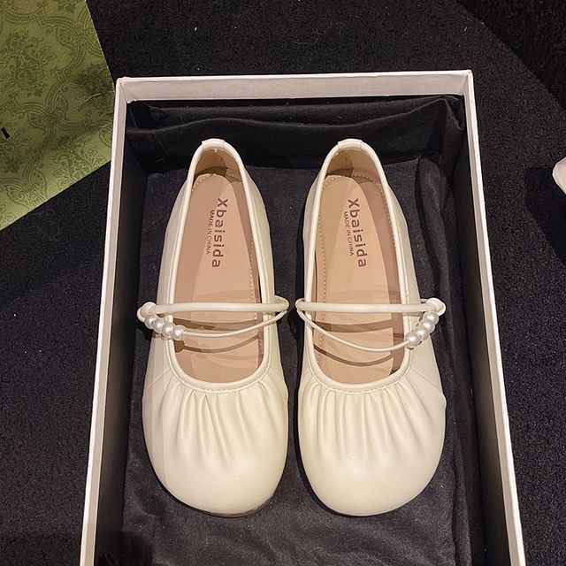 Flats Ruched Mary Jane Faux Pearl Beaded