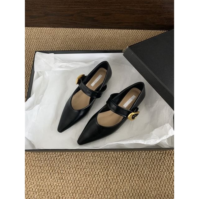 Pointed Faux Mary Jane Leather Shoes Toe Plain