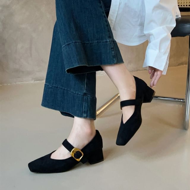 Suede Faux Chunky Heel Mary Jane Buckled Pumps