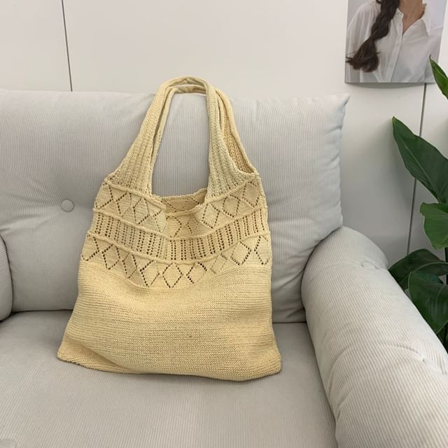 Knit Plain Tote Pointelle Bag
