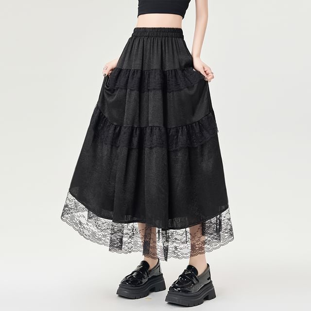 High Rise Plain Maxi Trim Skirt Lace A-Line