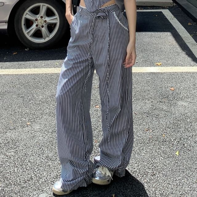 Striped Strapless Pants Wide Mid Leg Tube / Top Waist