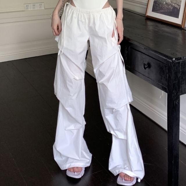 Neck / Wide Leg Sleeveless Pants Round Top Bodysuit Plain Ruched Waist Low