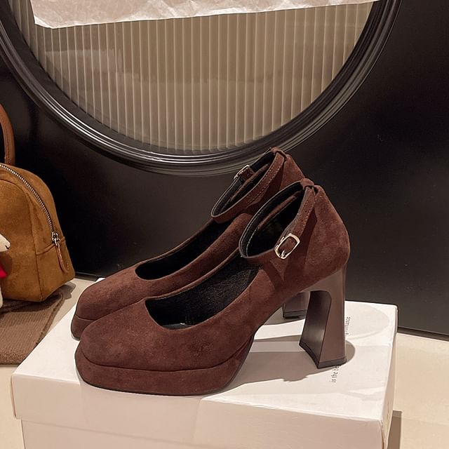 Heel Ankle Plain Toe Square Strap Pumps Chunky