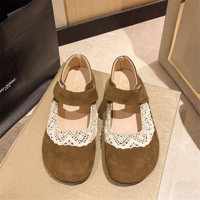 Flats Jane Toe Mary Lace Round Trim