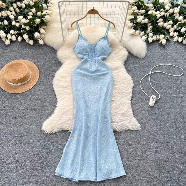 Evening Spaghetti Gown Mermaid Sequined V-Neck Strap