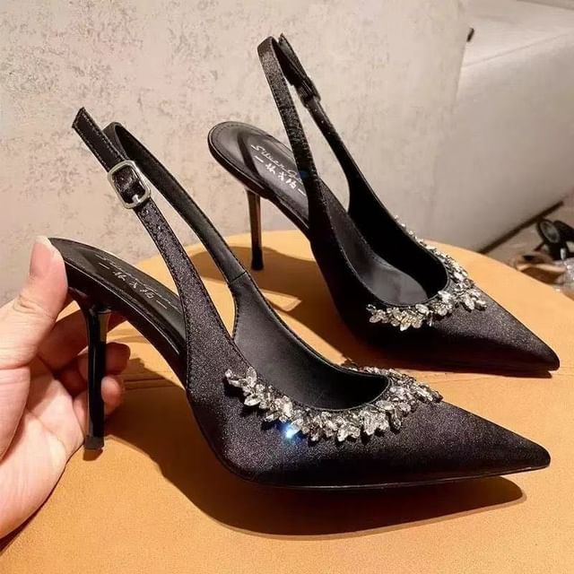 Rhinestone Slingback Sandals Heel Toe Pointed Stiletto