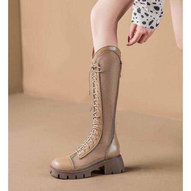 Boots Mesh Platform Panel Lace-Up Tall