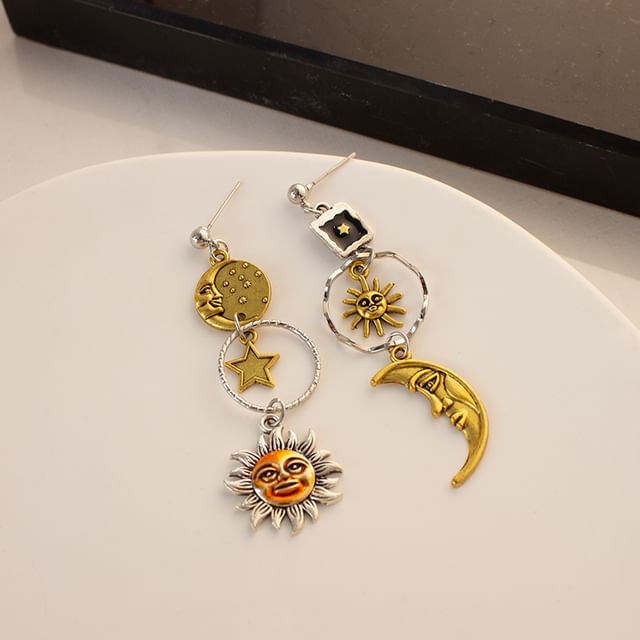 Clip-On / Sun Moon Asymmetrical Drop Earring