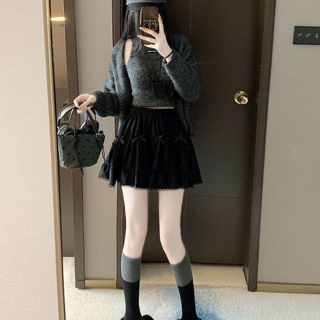 Skirt Bow Waist A-Line Ruffle Mini Plain Elastic