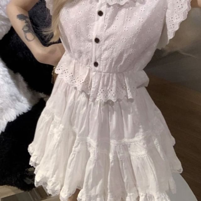 / A-Line Cap-Sleeve Lace Trim Skirt Flower Plain Embroidered Waist Mini Blouse High