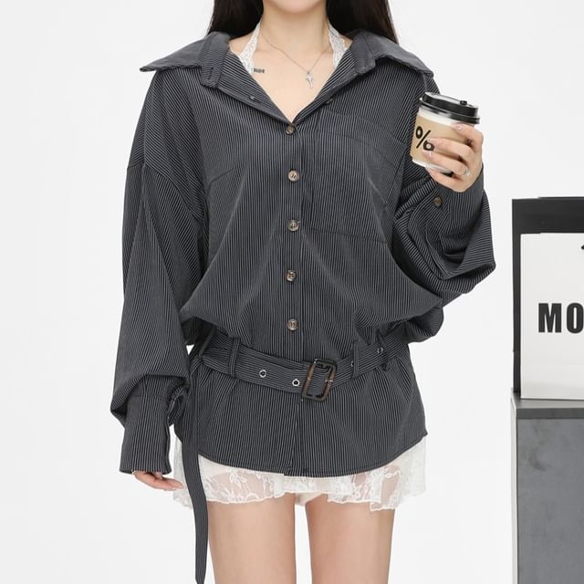 Lace Shirt Striped Oversized Trim Long-Sleeve Front Top / Plain Pocket Camisole