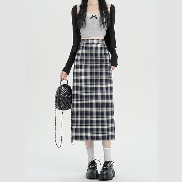 Plaid Skirt Slit Waist H-Line Midi High