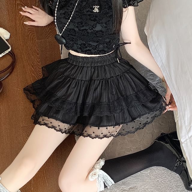 Trim A-Line Lace Tiered Skirt Elastic Waist Plain Mini