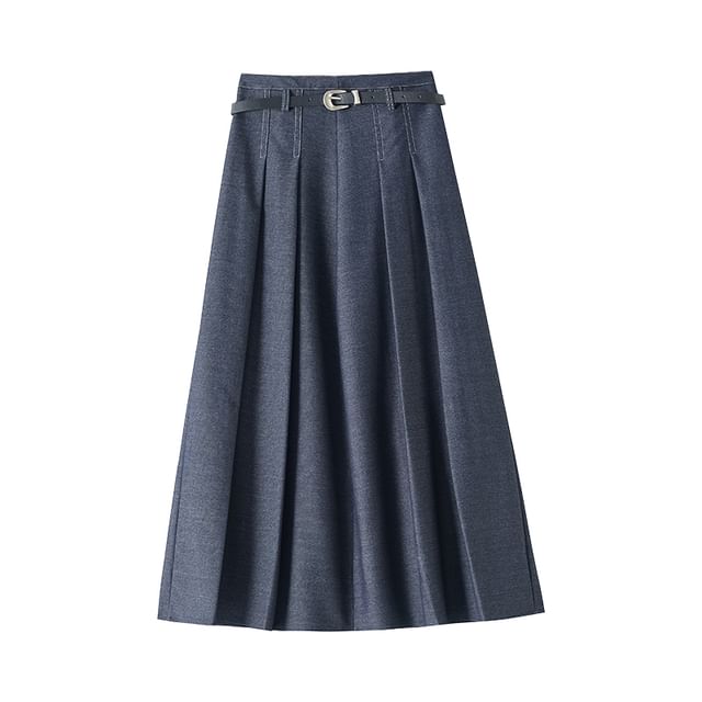 A-Line Midi Skirt Waist Denim Pleated High