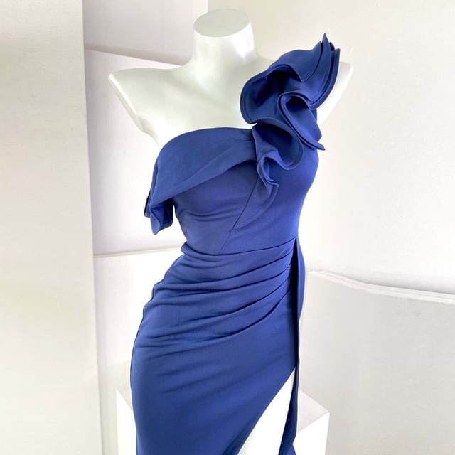 Off-Shoulder Evening Plain Mermaid Ruffle Gown Slit Ruched Trim Cap-Sleeve