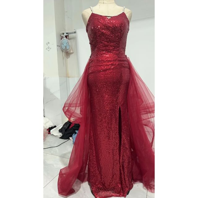 Ruffle A-Line Evening Sequin Strap Side-Slit Spaghetti Gown