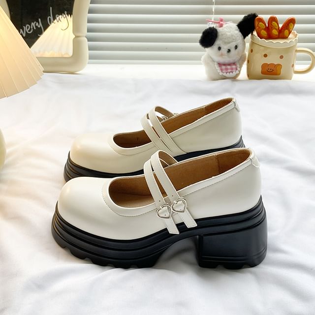 Jane Platform Strap Shoes Double Heart Buckled Genuine Mary Leather