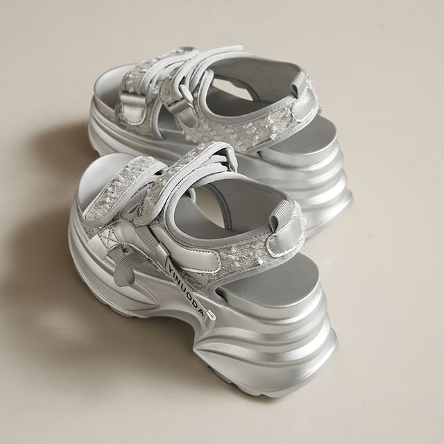 Platform Strap Adhesive Sequin Sandals Slingback