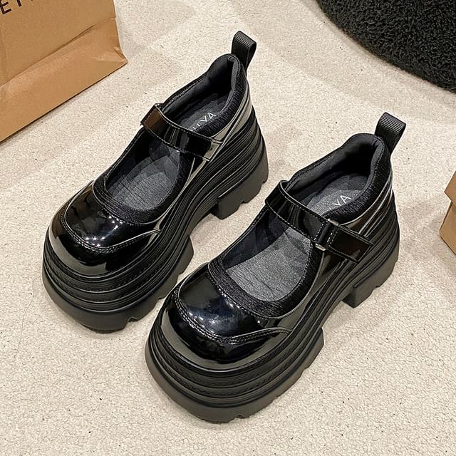 Platform Jane Leather Shoes Faux Strap Adhesive Mary