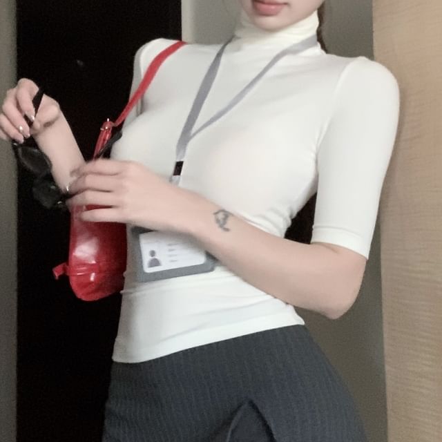 A-Line Tee Plain Skort Slit High / Slim Striped Waist Mini Fit Short-Sleeve Turtleneck