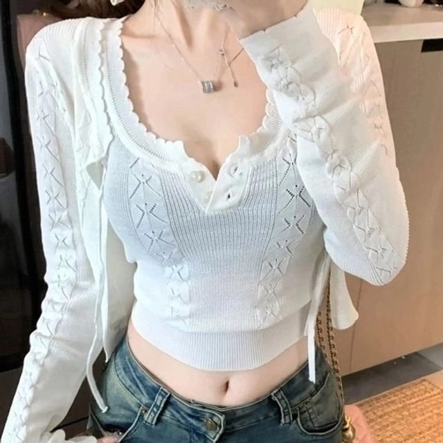 Set: Crop Scoop Plain Cable Top Cardigan Neck + Knit Sleeveless