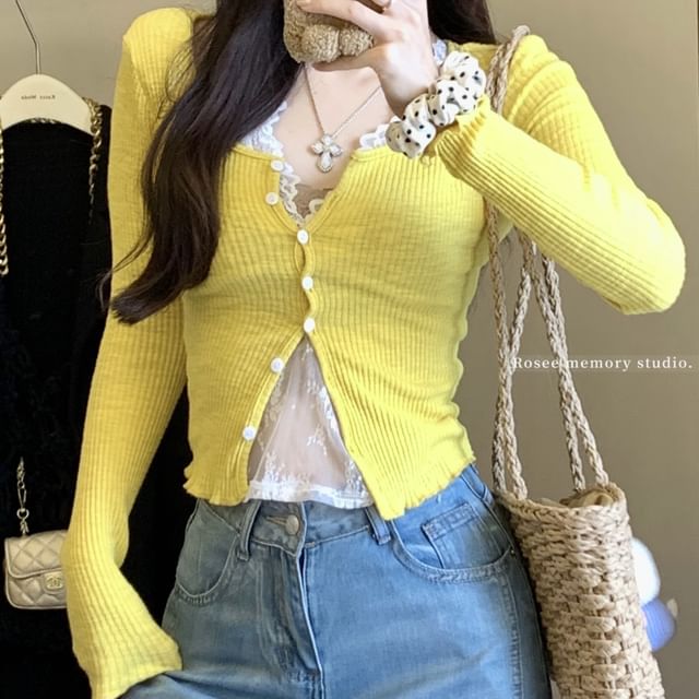 Lace Cardigan / Ruffle Scoop Camisole Neck Plain V-Neck Trim Top