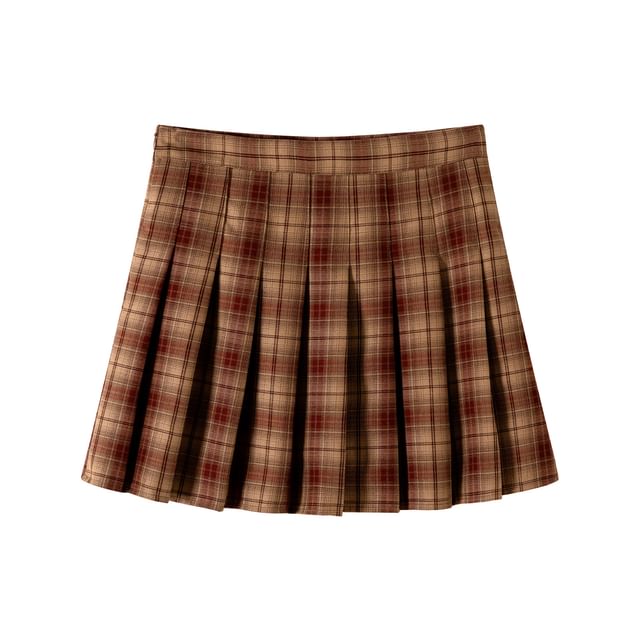 Rise Pleated Mini Plaid Skirt High A-Line