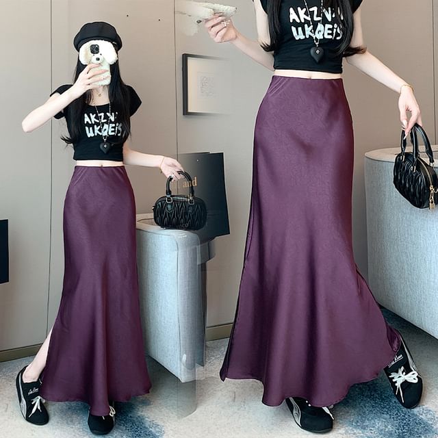 High Rise Slit Fishtail Skirt Maxi Satin Plain