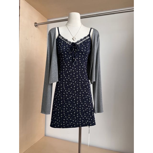 Dress Set: Trim Print Cardigan Floral Plain Lace Designs) V-Neck Spaghetti Front Strap + Open A-Line (Various