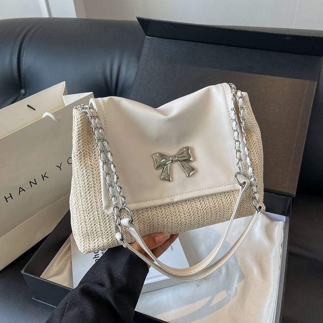Flap Bow Woven Shoulder Bag
