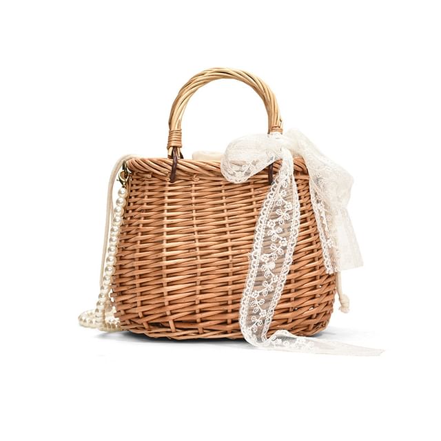 Strap Scarf Drawstring Faux + Pearl Set: Straw Bag Crossbody