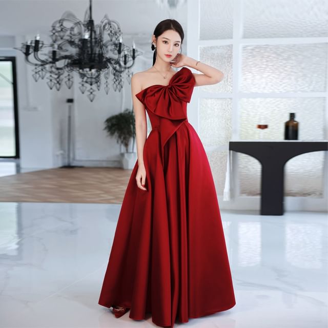 Sleeveless A-Line Plain Gown Evening Bow One-Shoulder