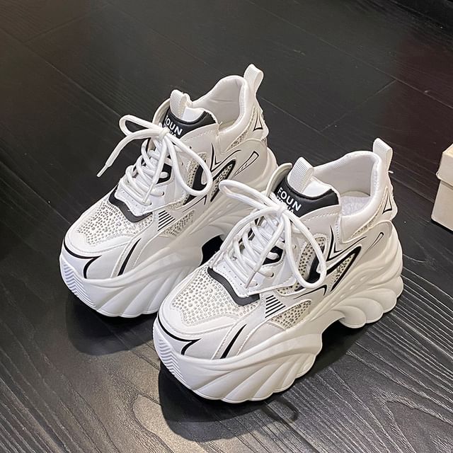 Leather Faux Lace-Up Rhinestone Hidden Wedge Sneakers