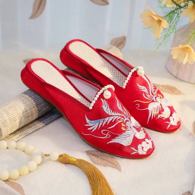 Faux Mules Pearl Embroidered