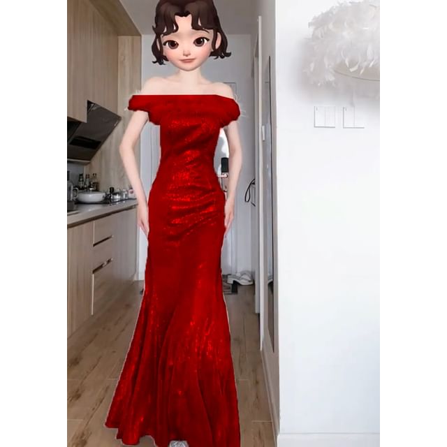 Glitter Gown Evening Mermaid Off-The-Shoulder Feather Accent