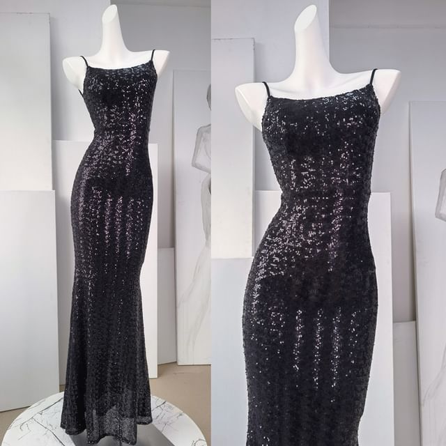 Sheath Strap Gown Evening Spaghetti Sequin