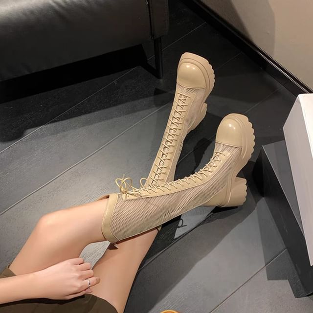 Heel Lace-Up Chunky Tall Mesh Platform Boots Panel