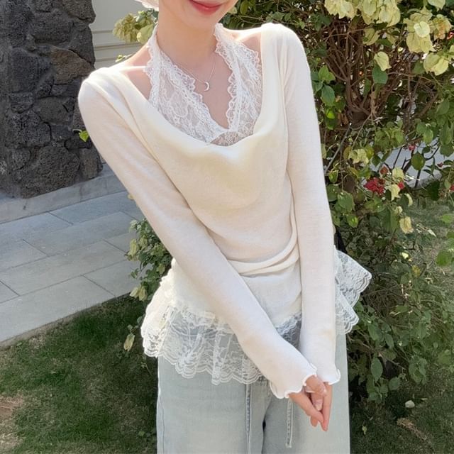 Panel Slim Two-Piece Halter Fit Mock Tee Long-Sleeve Lace