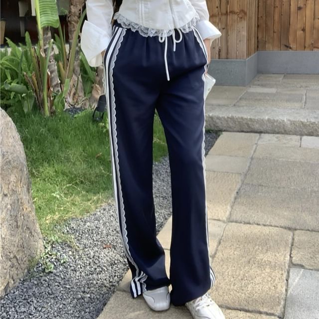 Drawstring Cold Zip-Up Fit / Striped Pants Lace Long-Sleeve Waist Shoulder Loose Trim Blouse Crop