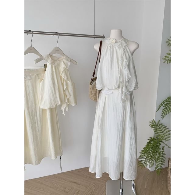 Set: Blouse Midi Ruffle Halter High A-Line Plain Skirt Rise +