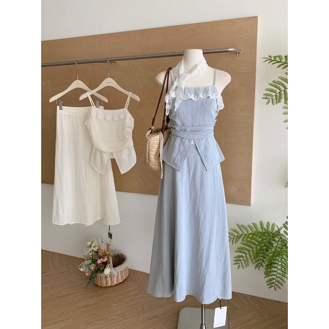 Top High Camisole Lace Rise + Skirt Midi A-Line Front-Slit Trim Set: Plain