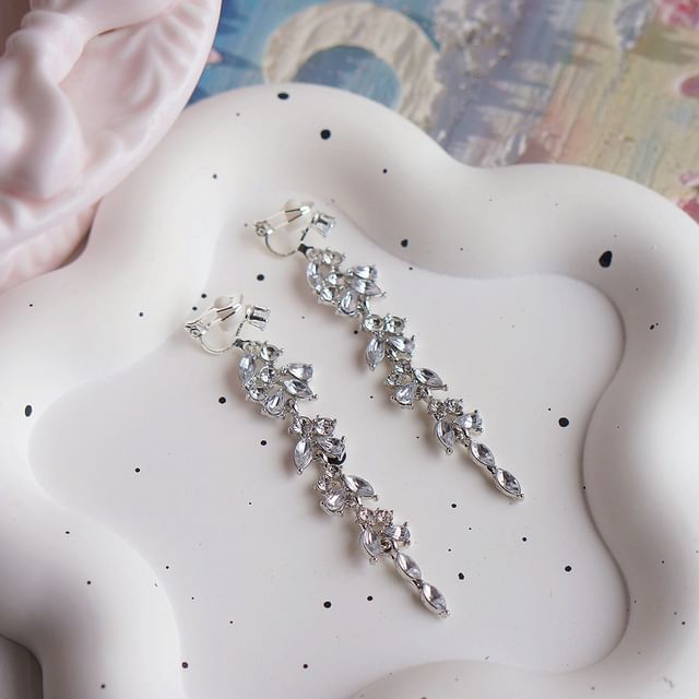 Clip-On Drop Earring / Rhinestone Leaf