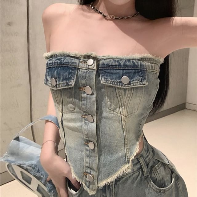 Denim Fit Button-Up / High Washed Rise Ripped Tube Crop Jeans Loose Top Frayed