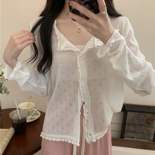 Knit Cardigan Edge Lettuce Pointelle Plain