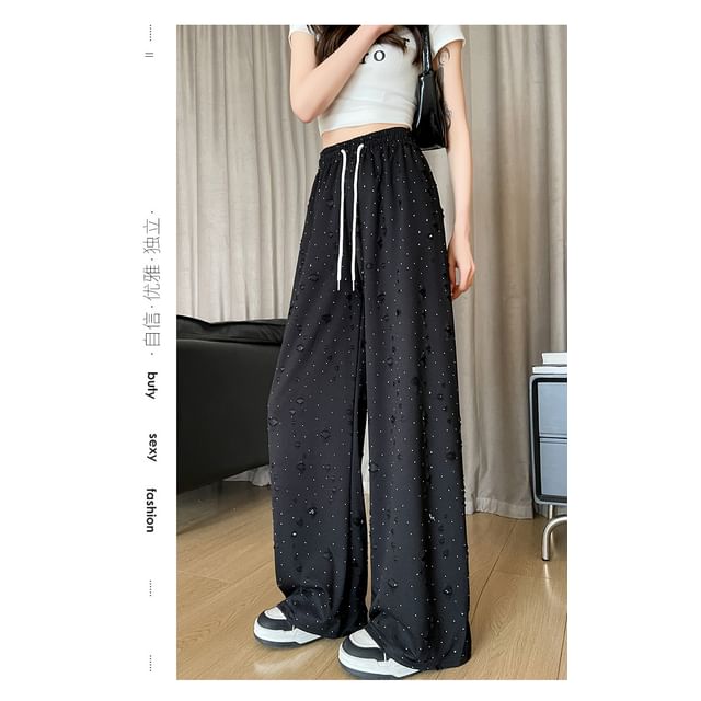 (Various Wide Designs) Waist Leg Drawstring Pants Distressed